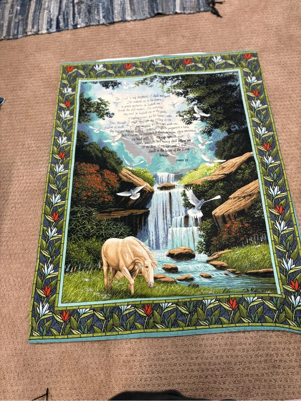 Hand Crafted Multicolor Waterfall Tapestry with Horse and Doves